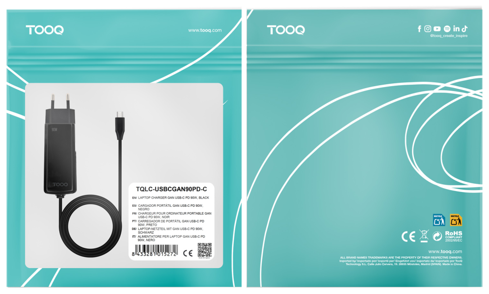 CARGADOR TOOQ PORTATIL GAN USB-C PD 90W CUBICO NEGRO - detalle