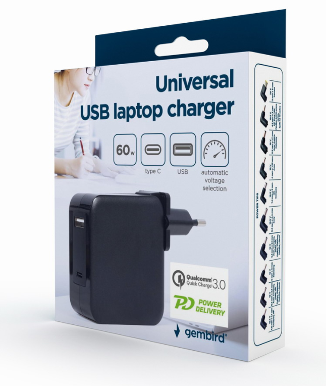 CARGADOR UNIVERSAL PARA PORTATIL GENBIRD 60W NEGRO - detalle