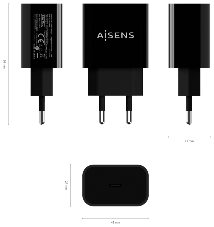CARGADOR USB-C AISENS PD3.0 1 PUERTO 1xUSB-C 20W NEGRO - detalle