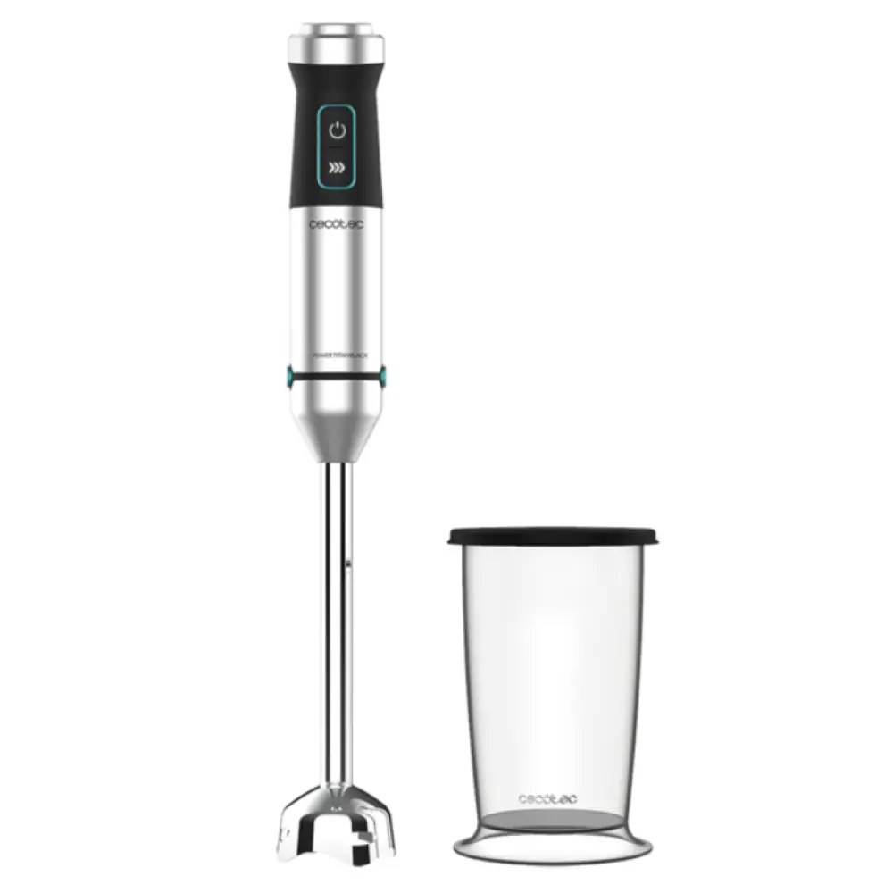 Batidora de mano CECOTEC Power TitanBlack 1500 XL, 1500 W, en color negro y plata, con vaso de 0.8 litros.