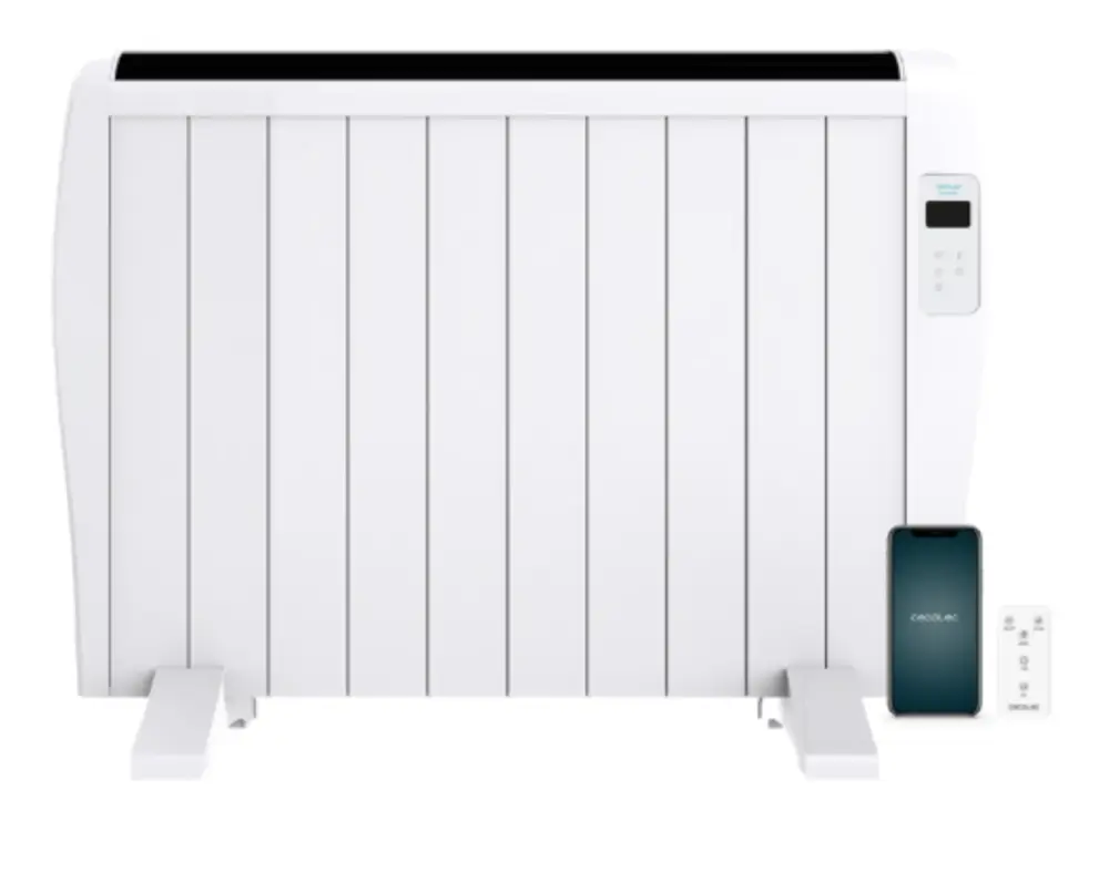 Emisor térmico CECOTEC ReadyWarm 2000, calefactor eléctrico blanco de 1500 W con control conectado y diseño compacto.