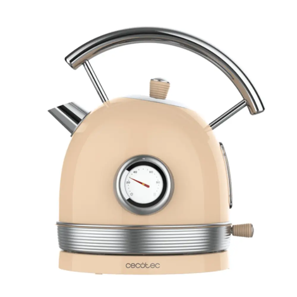 Hervidor de agua CECOTEC ThermoSense 420 de 1.8 L y 2200 W en color beige, con diseño vintage y elegante.