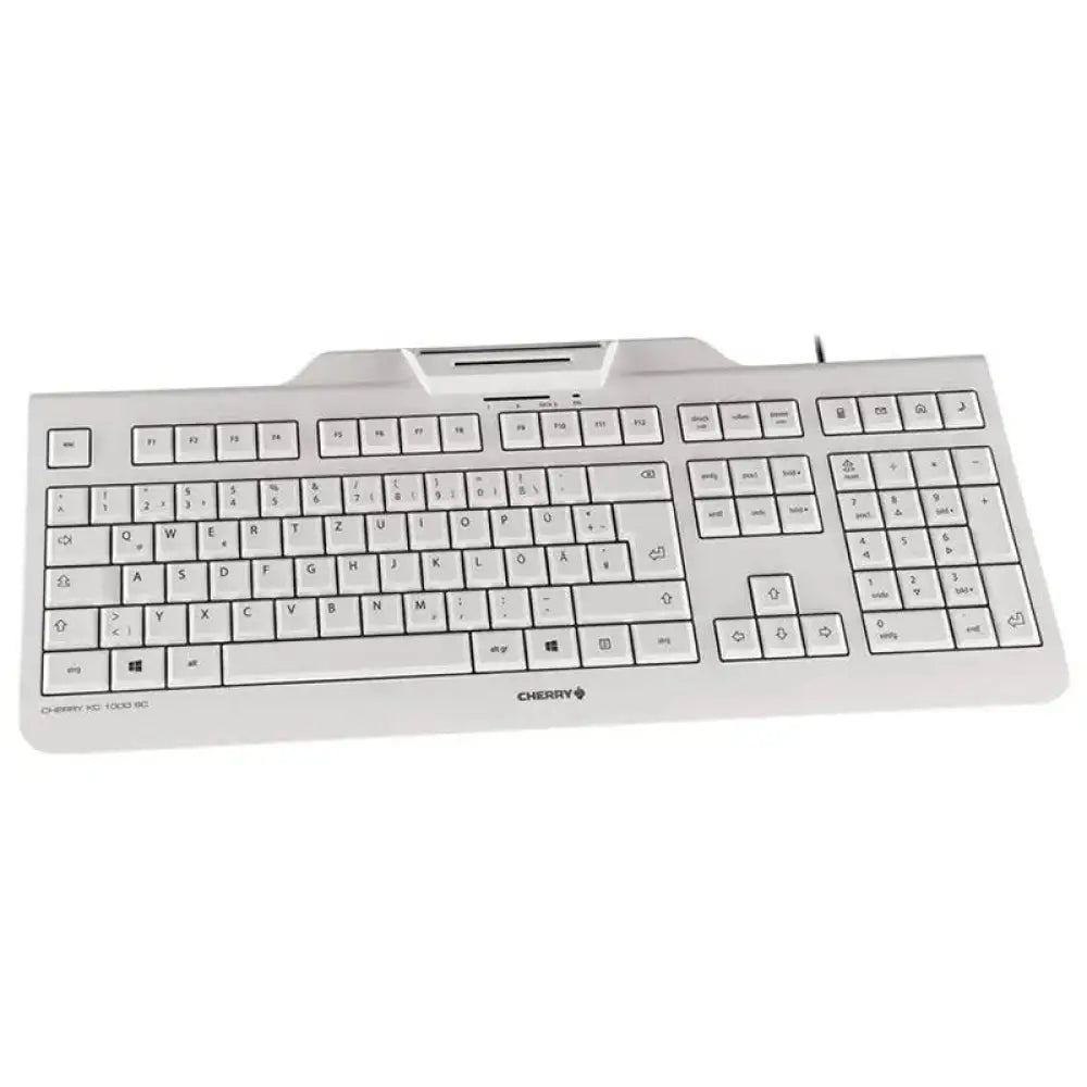 Teclado USB CHERRY con lector de chip DNIe integrado en color blanco, diseño compacto y funcional para seguridad digital.