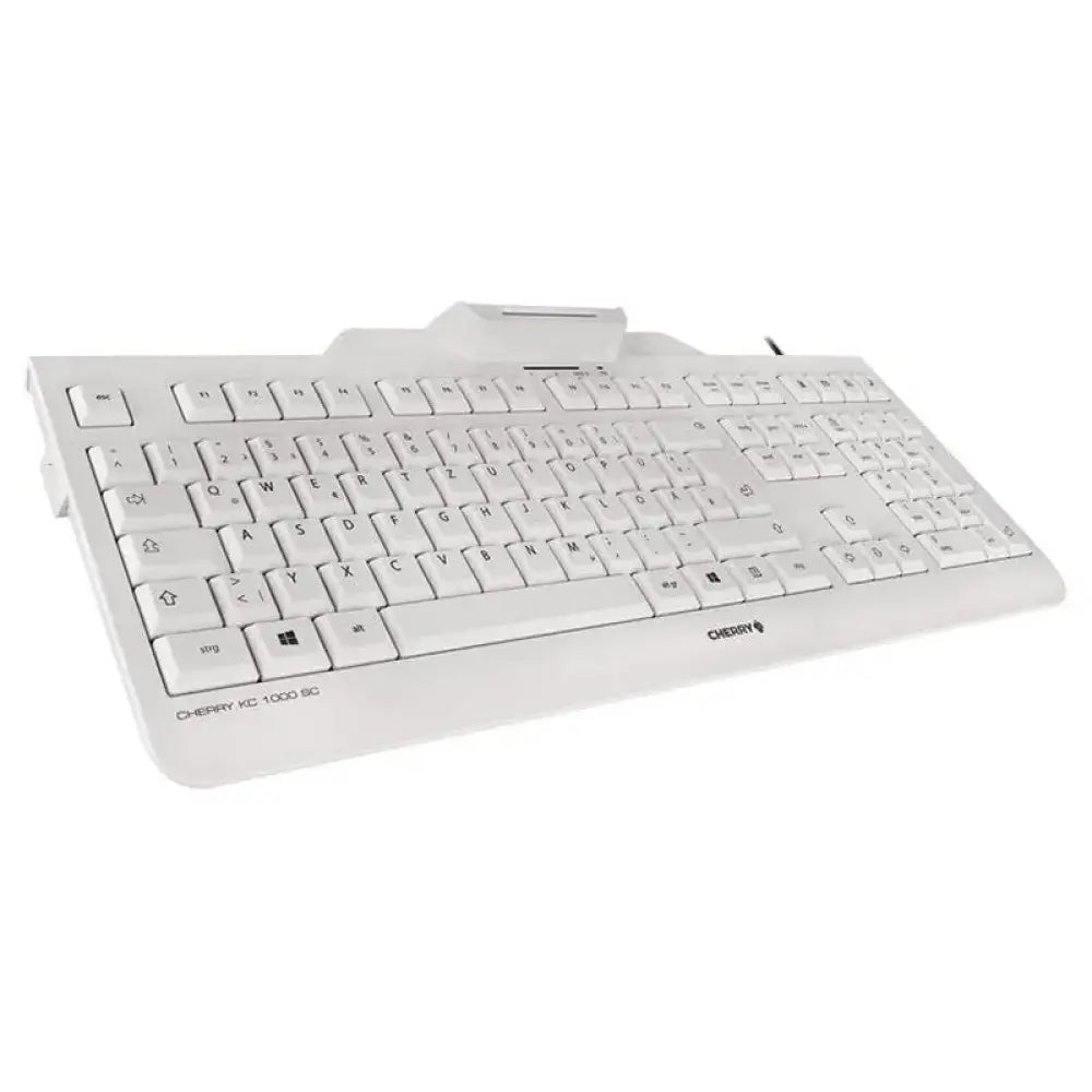 Teclado USB Cherry con lector de chip DNIe integrado en color blanco, diseño compacto y funcional.