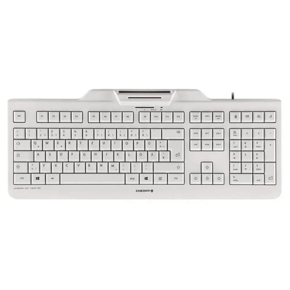 Teclado USB Cherry en color blanco con lector de chip DNIe integrado, diseñado para seguridad y comodidad en uso.