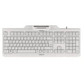 Teclado USB Cherry en color blanco con lector de chip DNIe integrado, diseñado para seguridad y comodidad en uso.