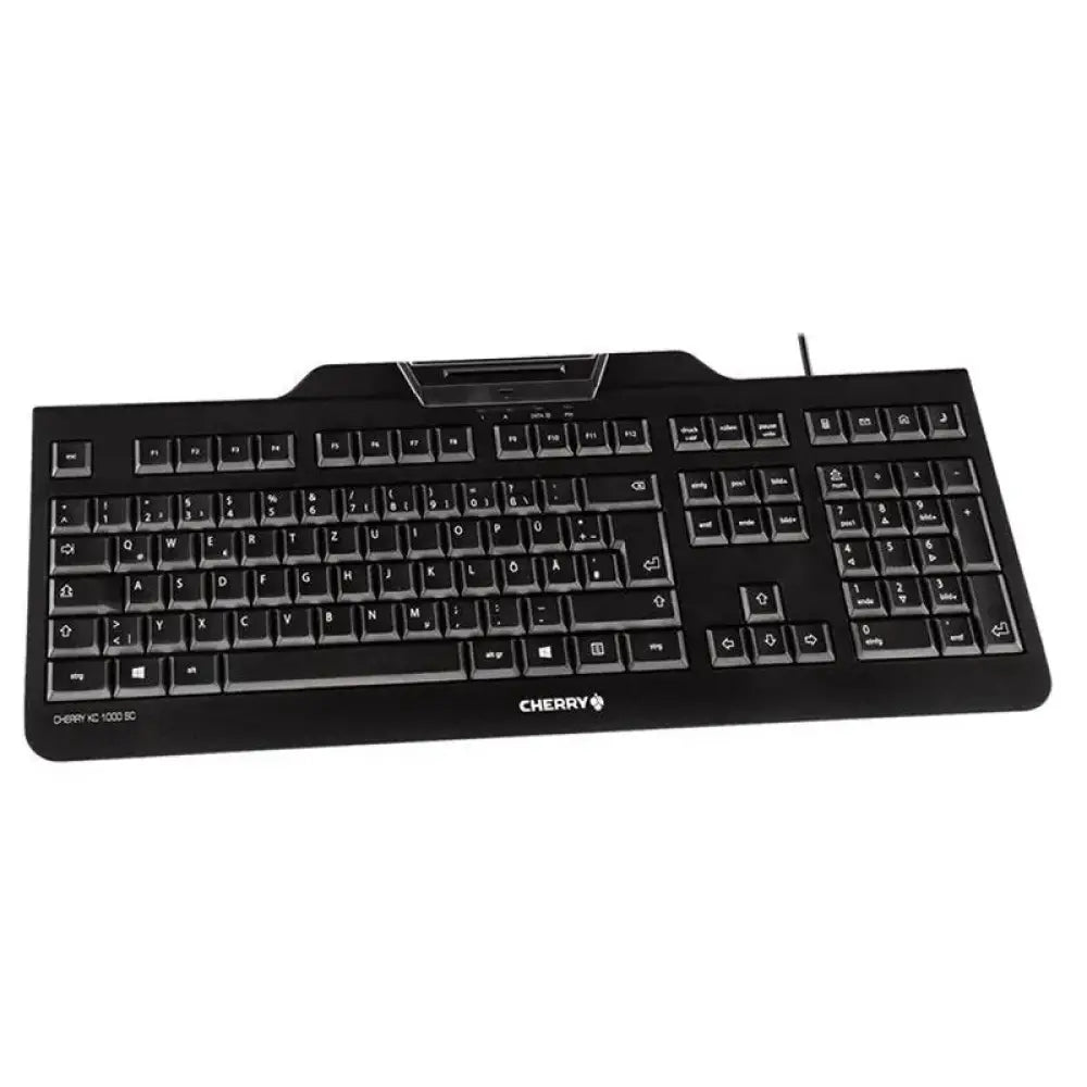 Teclado USB CHERRY negro con lector de chip DNIe integrado, diseño compacto y funcional para seguridad y comodidad.