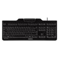 Teclado USB Cherry negro con lector de chip DNIe integrado, diseño compacto y funcional para seguridad y comodidad.