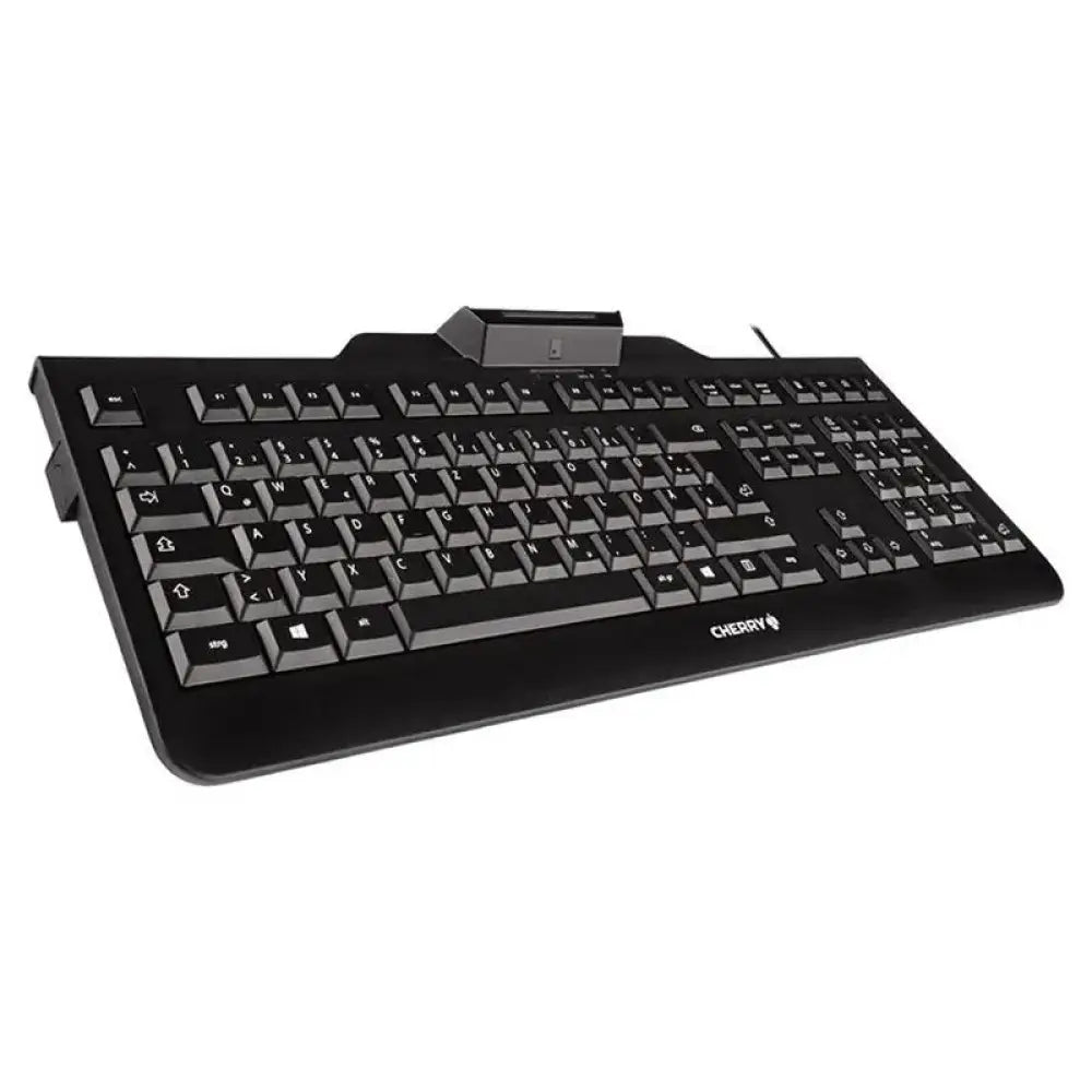 Teclado USB Cherry negro con lector de chip integrado DNIe, diseño compacto y elegante para seguridad y comodidad en uso diario.