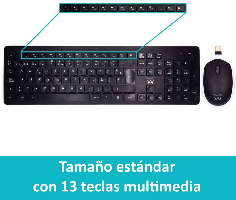 COMBO TECLADO RATON EWENT ESPAÑOL TECLAS CONCAVAS RF INALMABRICO NEGRO - detalle