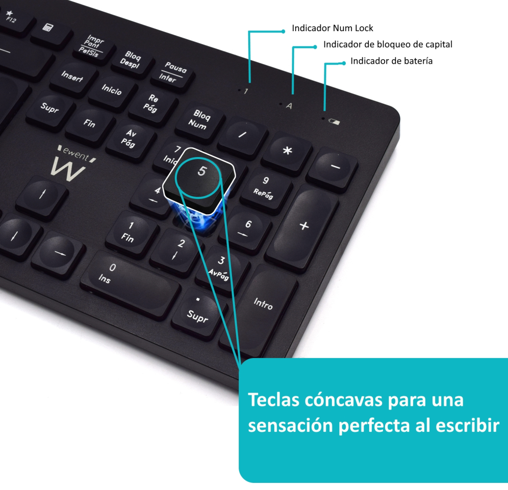 COMBO TECLADO RATON EWENT ESPAÑOL TECLAS CONCAVAS RF INALMABRICO NEGRO - detalle