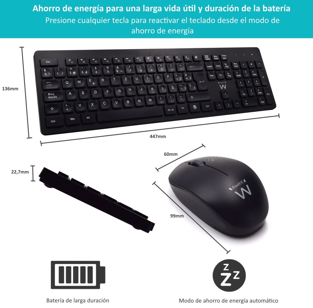 COMBO TECLADO RATON EWENT ESPAÑOL TECLAS CONCAVAS RF INALMABRICO NEGRO - detalle