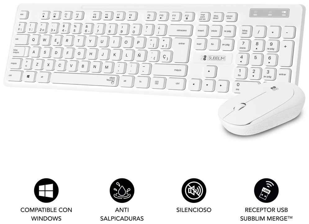COMBO TECLADO RATON SUBBLIM BUSINESS SLIM SILENCIOSO RF INALAMBRICO BLANCO - detalle