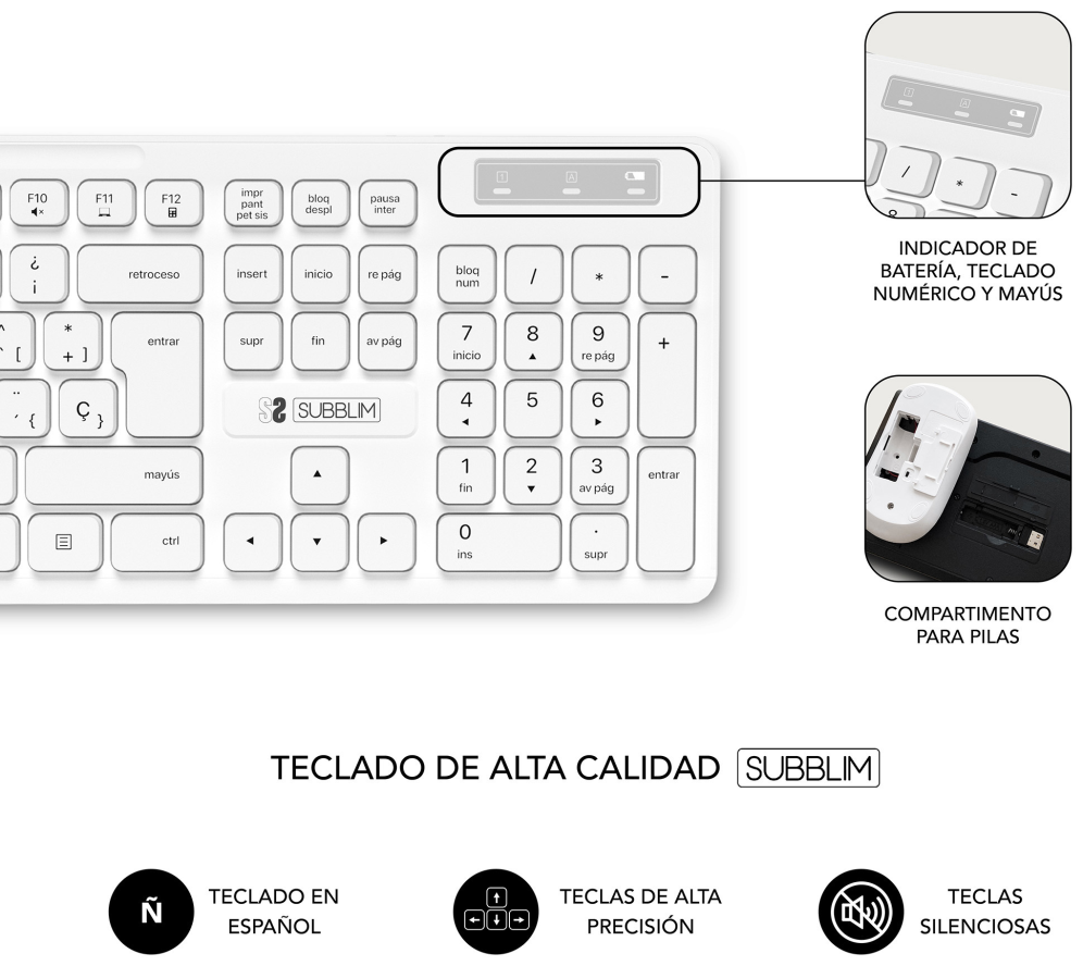 COMBO TECLADO RATON SUBBLIM BUSINESS SLIM SILENCIOSO RF INALAMBRICO BLANCO - detalle