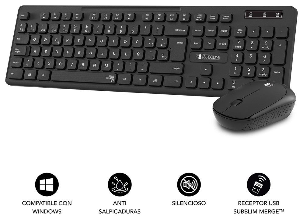 COMBO TECLADO RATON SUBBLIM BUSINESS SLIM SILENCIOSO RF INALAMBRICO NEGRO - detalle