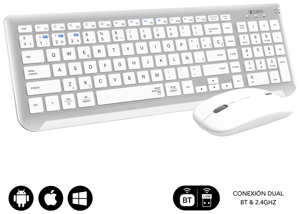 COMBO TECLADO RATON SUBBLIM DUAL PRESTIGE BLUETOOTH PLATA/BLANCO - detalle