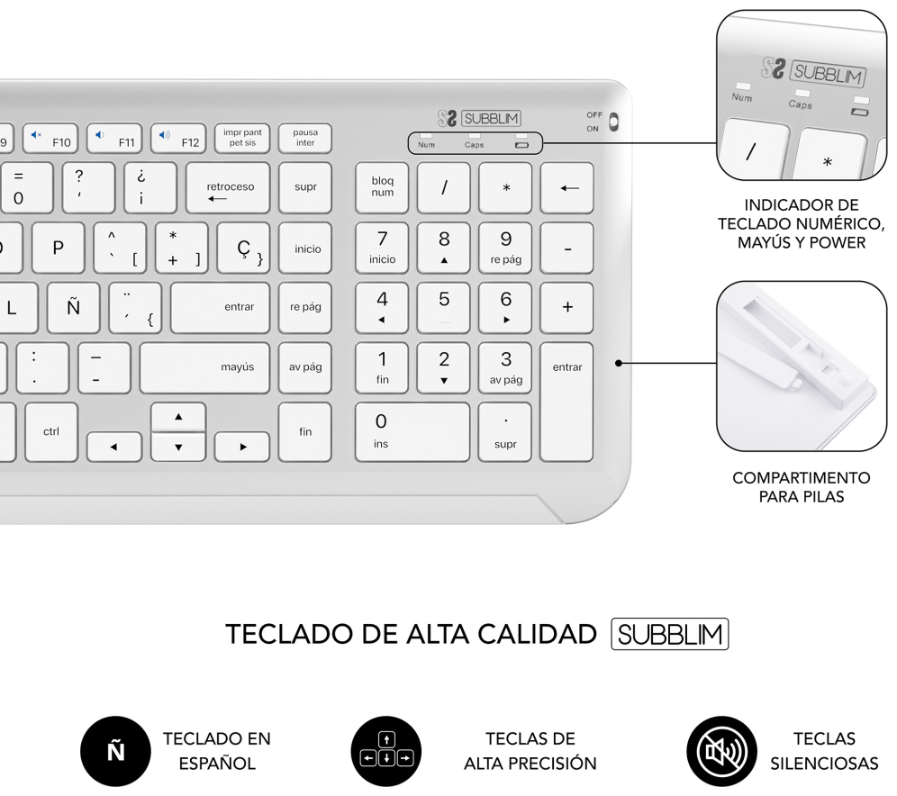 COMBO TECLADO RATON SUBBLIM DUAL PRESTIGE BLUETOOTH PLATA/BLANCO - detalle