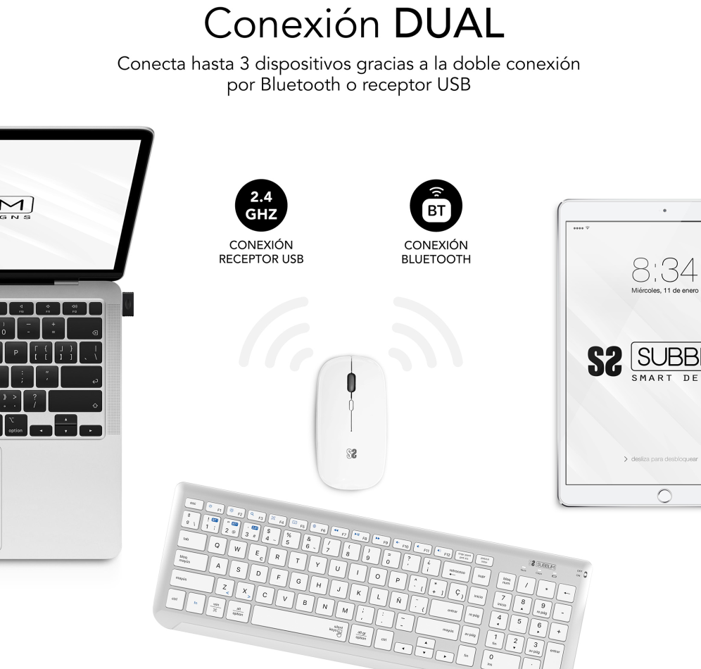 COMBO TECLADO RATON SUBBLIM DUAL PRESTIGE BLUETOOTH PLATA/BLANCO - detalle