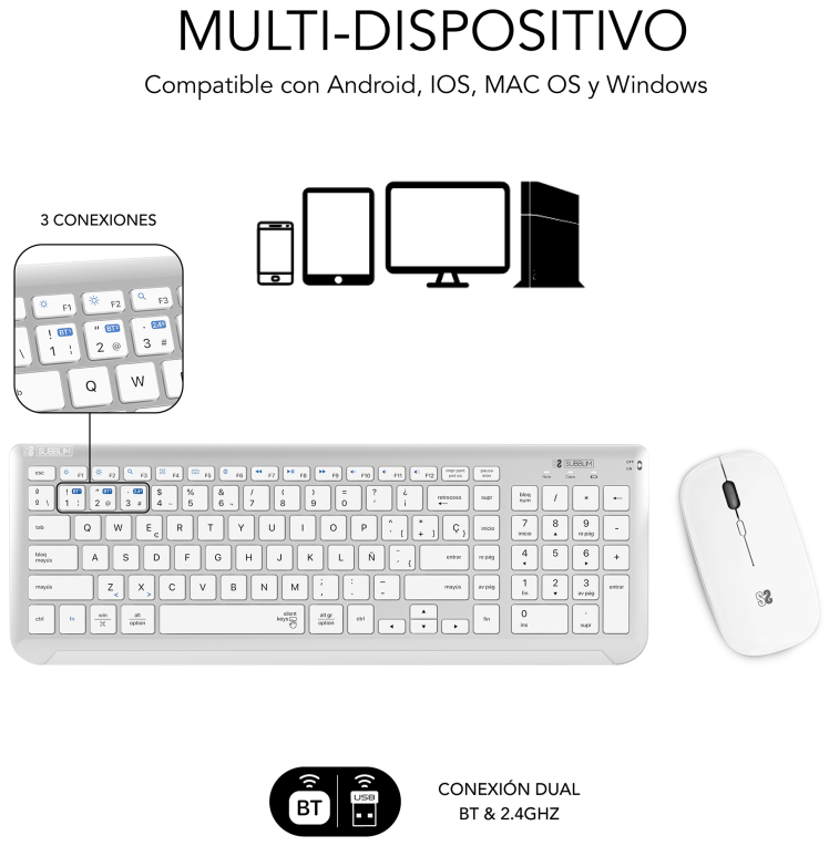 COMBO TECLADO RATON SUBBLIM DUAL PRESTIGE BLUETOOTH PLATA/BLANCO - detalle