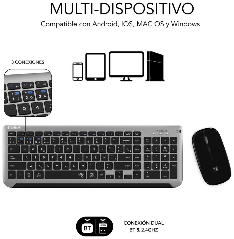 COMBO TECLADO RATON SUBBLIM DUAL PRESTIGE EXTENDIDO GRIS/NEGRO - detalle