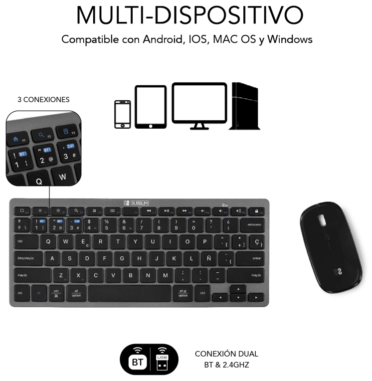 COMBO TECLADO RATON SUBBLIM MULTIDISPOSITIVO BLUETOOTH GRIS/NEGRO - detalle