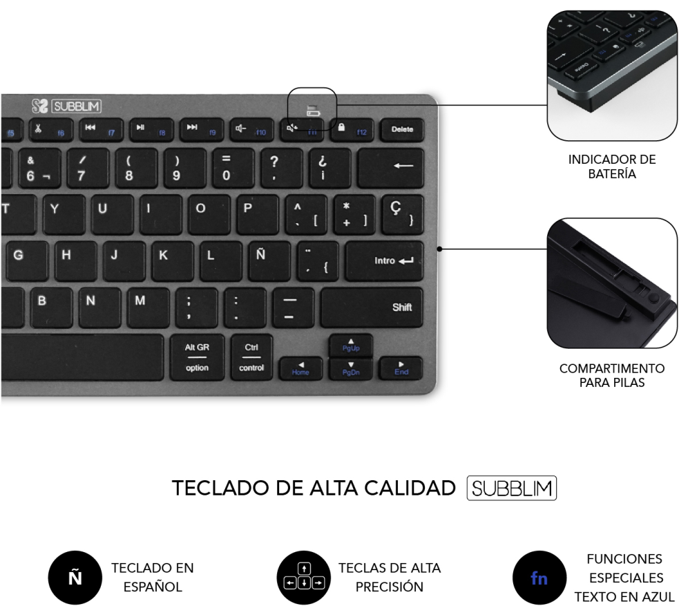 COMBO TECLADO RATON SUBBLIM MULTIDISPOSITIVO BLUETOOTH GRIS/NEGRO - detalle