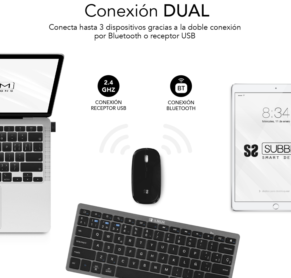 COMBO TECLADO RATON SUBBLIM MULTIDISPOSITIVO BLUETOOTH GRIS/NEGRO - detalle