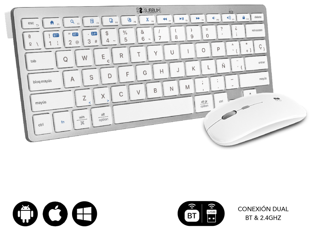 COMBO TECLADO RATON SUBBLIM MULTIDISPOSITIVO BLUETOOTH PLATEADO/BLANCO
