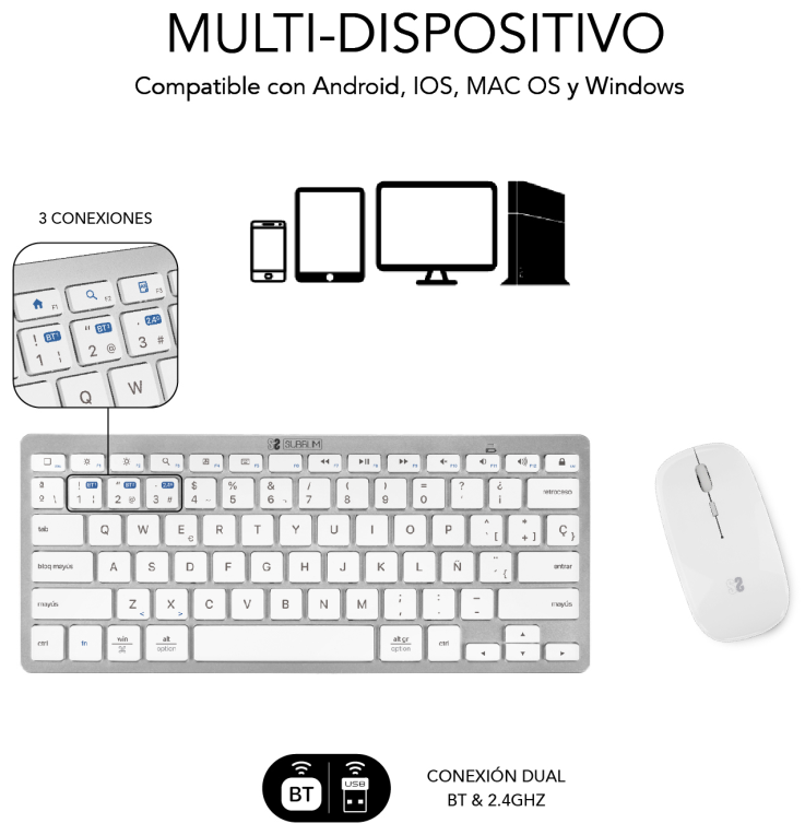 COMBO TECLADO RATON SUBBLIM MULTIDISPOSITIVO BLUETOOTH PLATEADO/BLANCO - detalle