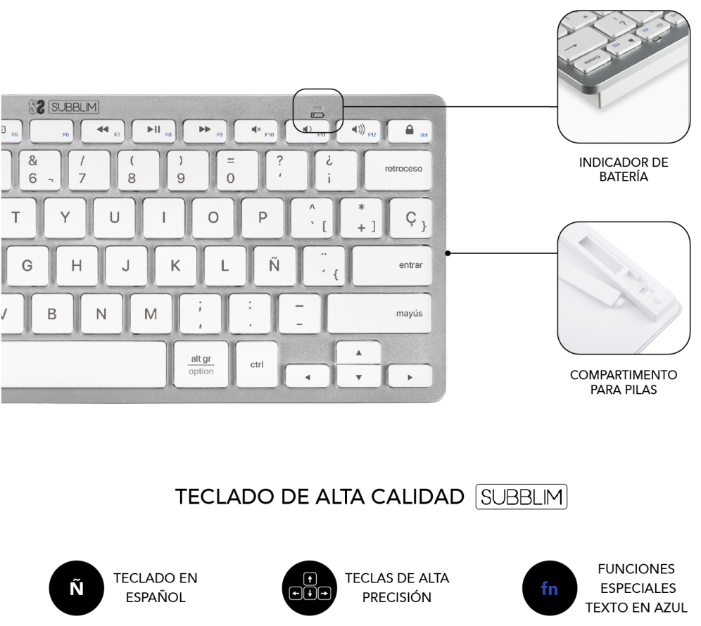 COMBO TECLADO RATON SUBBLIM MULTIDISPOSITIVO BLUETOOTH PLATEADO/BLANCO - detalle