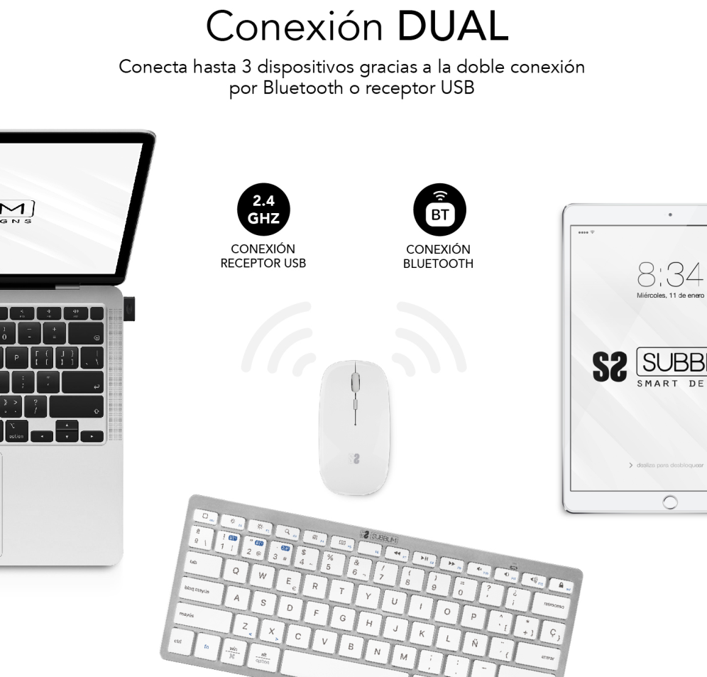 COMBO TECLADO RATON SUBBLIM MULTIDISPOSITIVO BLUETOOTH PLATEADO/BLANCO - detalle