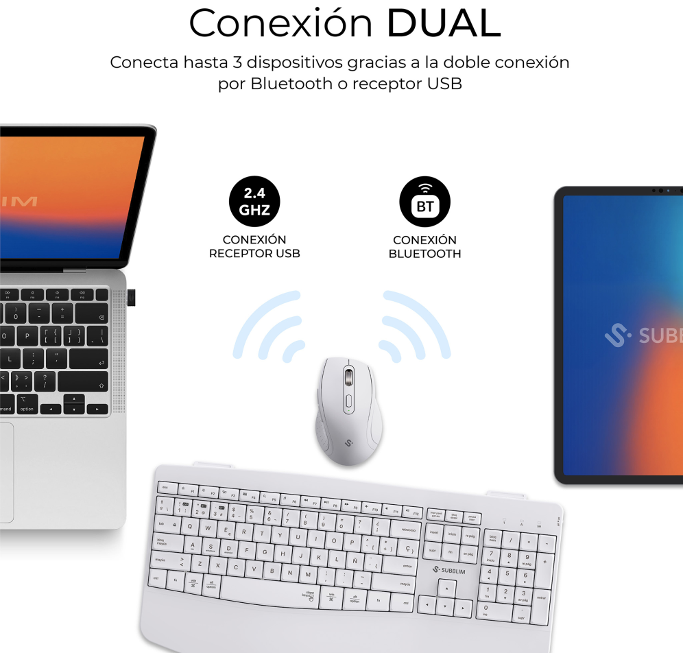 COMBO TECLADO RATON SUBBLIM PROWAVE ERGO INALAMBRICO BLANCO - detalle