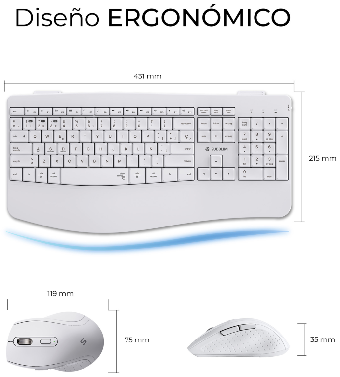 COMBO TECLADO RATON SUBBLIM PROWAVE ERGO INALAMBRICO BLANCO - detalle