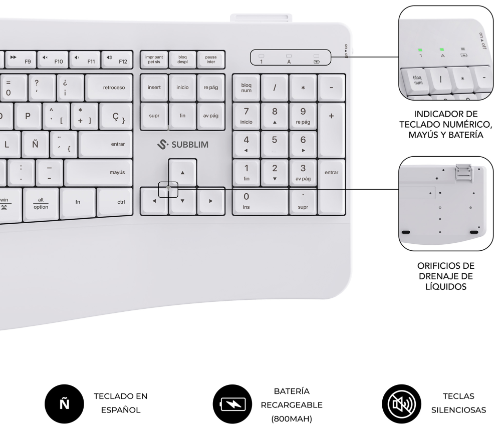 COMBO TECLADO RATON SUBBLIM PROWAVE ERGO INALAMBRICO BLANCO - detalle