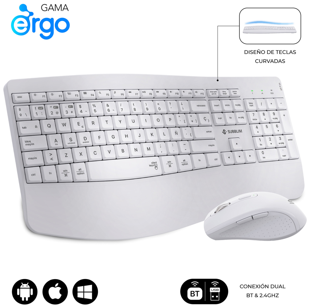 COMBO TECLADO RATON SUBBLIM PROWAVE ERGO INALAMBRICO BLANCO