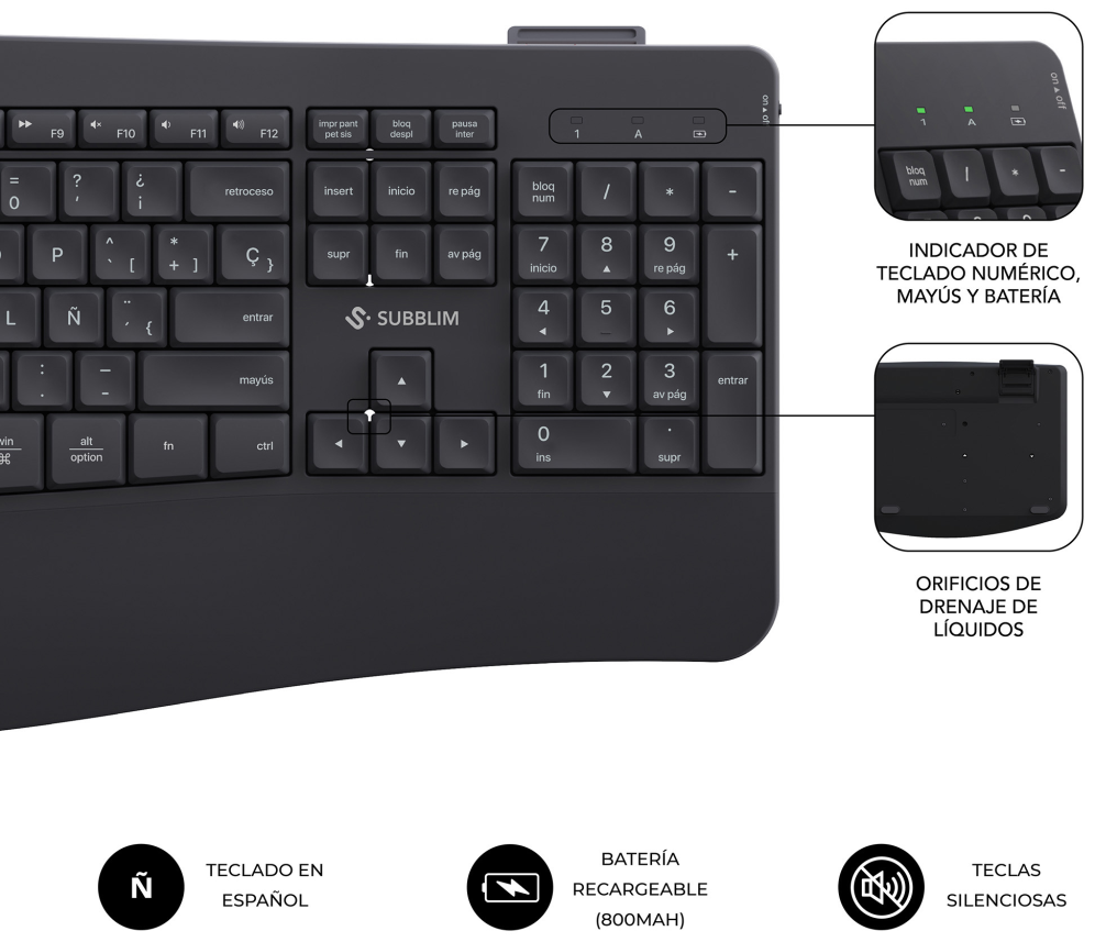 COMBO TECLADO RATON SUBBLIM PROWAVE ERGO INALAMBRICO NEGRO - detalle