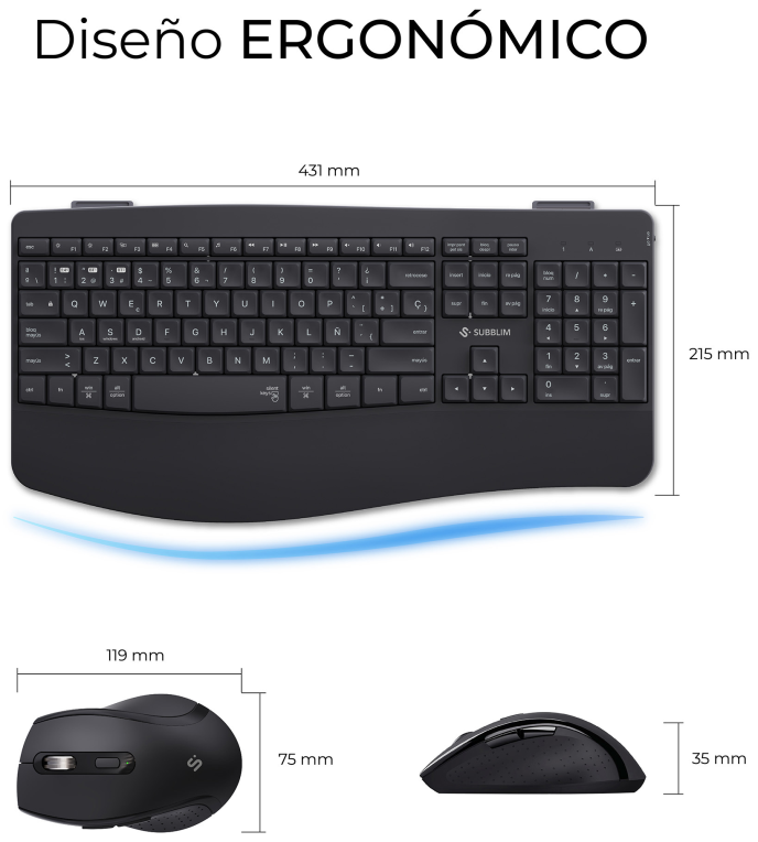 COMBO TECLADO RATON SUBBLIM PROWAVE ERGO INALAMBRICO NEGRO - detalle