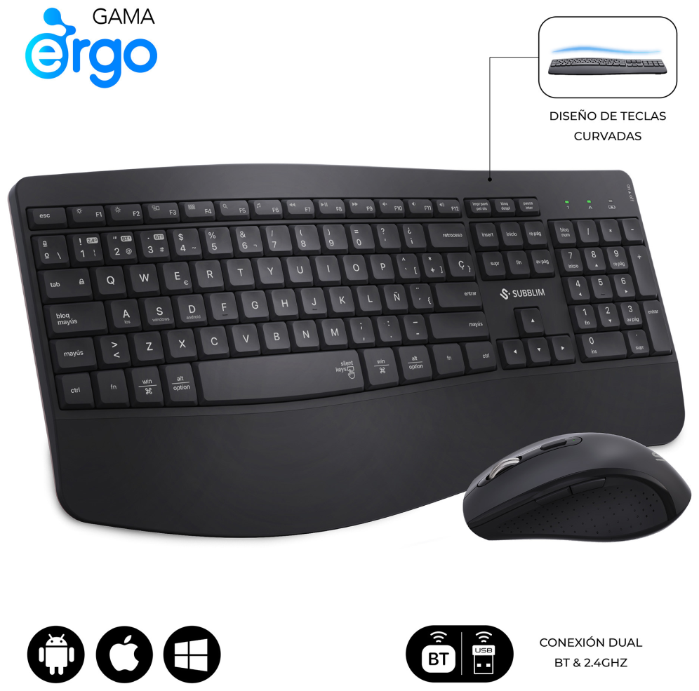 COMBO TECLADO RATON SUBBLIM PROWAVE ERGO INALAMBRICO NEGRO