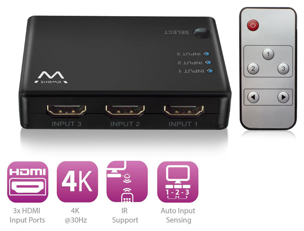 CONMUTADOR EWENT HDMI 3 PUERTOS 4K 30HZ USB MANDO A DISTANCIA - detalle