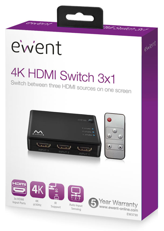 CONMUTADOR EWENT HDMI 3 PUERTOS 4K 30HZ USB MANDO A DISTANCIA - detalle