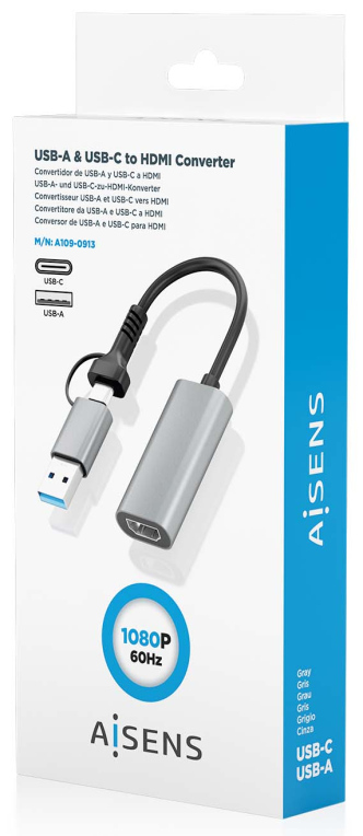CONVERSOR AISENS ALUMINIO USB-A/M+USB-C/M-HDMI/H 1080P@60HZ 15CM - detalle