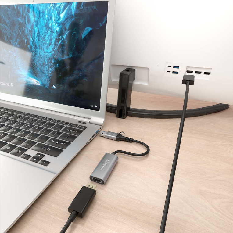 CONVERSOR AISENS ALUMINIO USB-A/M+USB-C/M-HDMI/H 1080P@60HZ 15CM - detalle