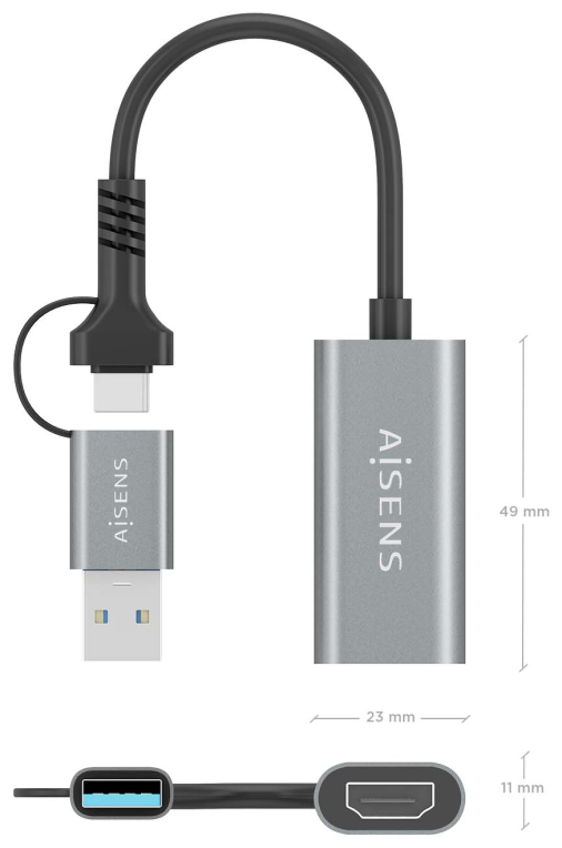 CONVERSOR AISENS ALUMINIO USB-A/M+USB-C/M-HDMI/H 1080P@60HZ 15CM - detalle