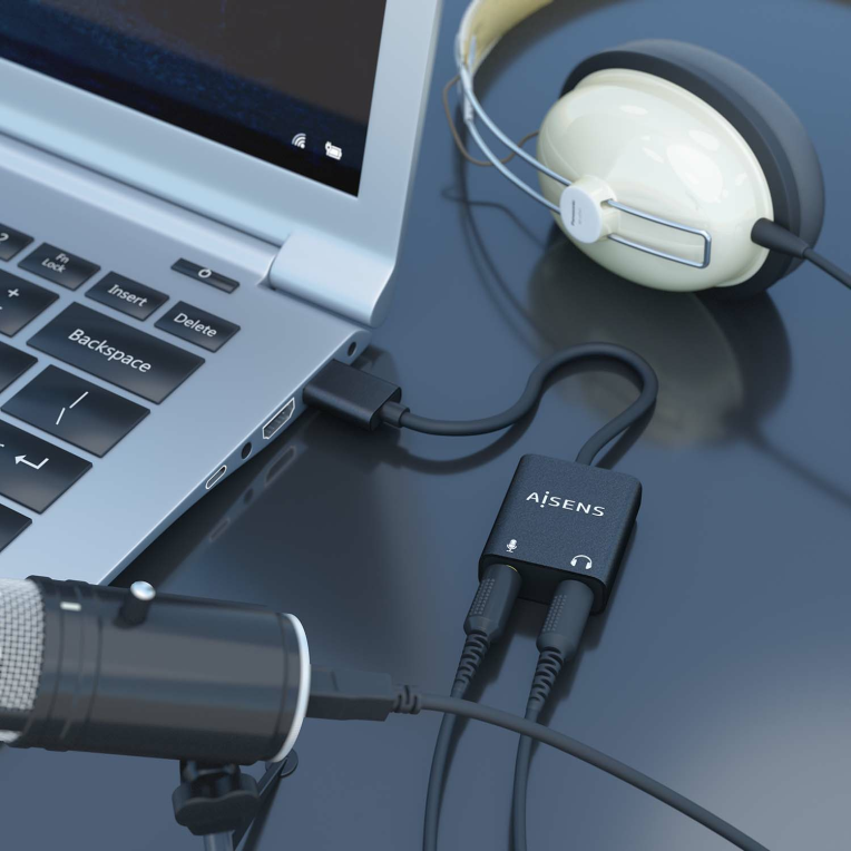CONVERSOR AISENS USB-A A AUDIO 48KHZ USB-A/M-2XJACK 3.5/H NEGRO 10CM - detalle