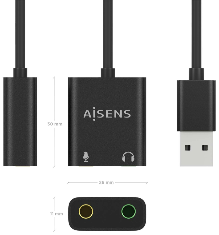 CONVERSOR AISENS USB-A A AUDIO 48KHZ USB-A/M-2XJACK 3.5/H NEGRO 10CM - detalle