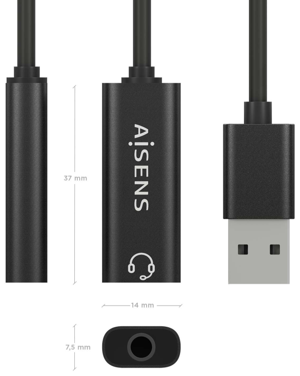 CONVERSOR AISENS USB-A A AUDIO 48KHZ USB-A/M-JACK 3.5/H NEGRO 10CM - detalle