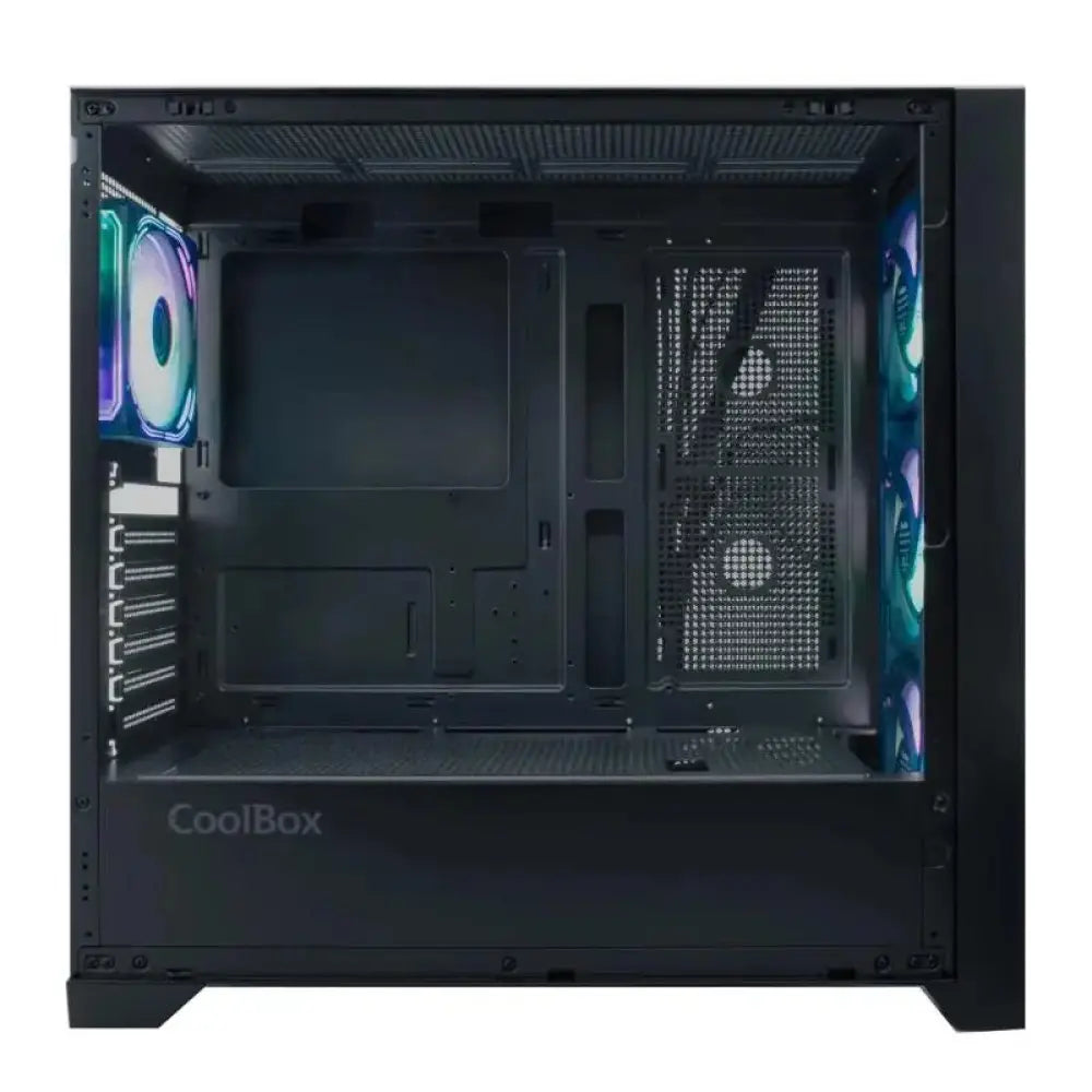 Caja gaming COOLBOX ATX DualView, semitorre y miditorre, en color negro con ventiladores y diseño moderno para gaming.