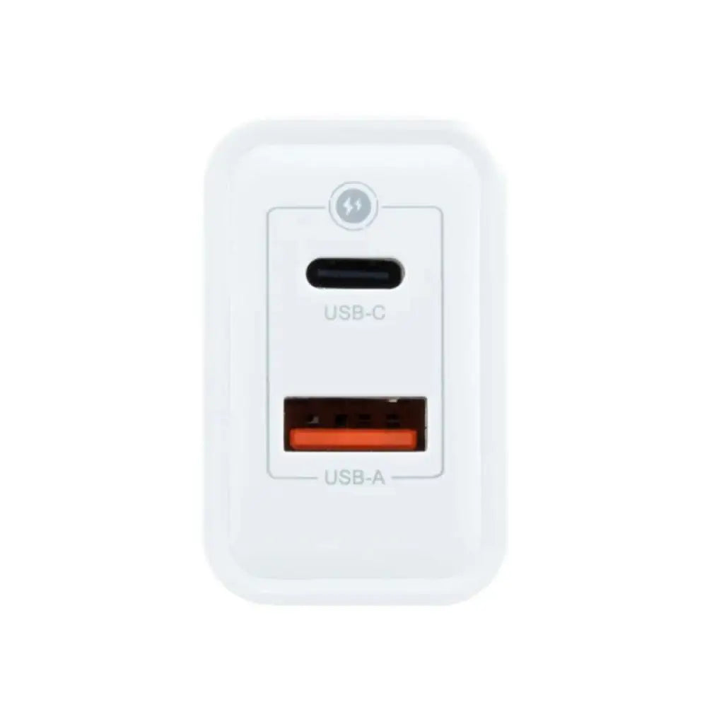 Cargador COOLBOX GAN de 30W con puertos USB-C y USB-A, carga rápida, en color negro para uso en pared.
