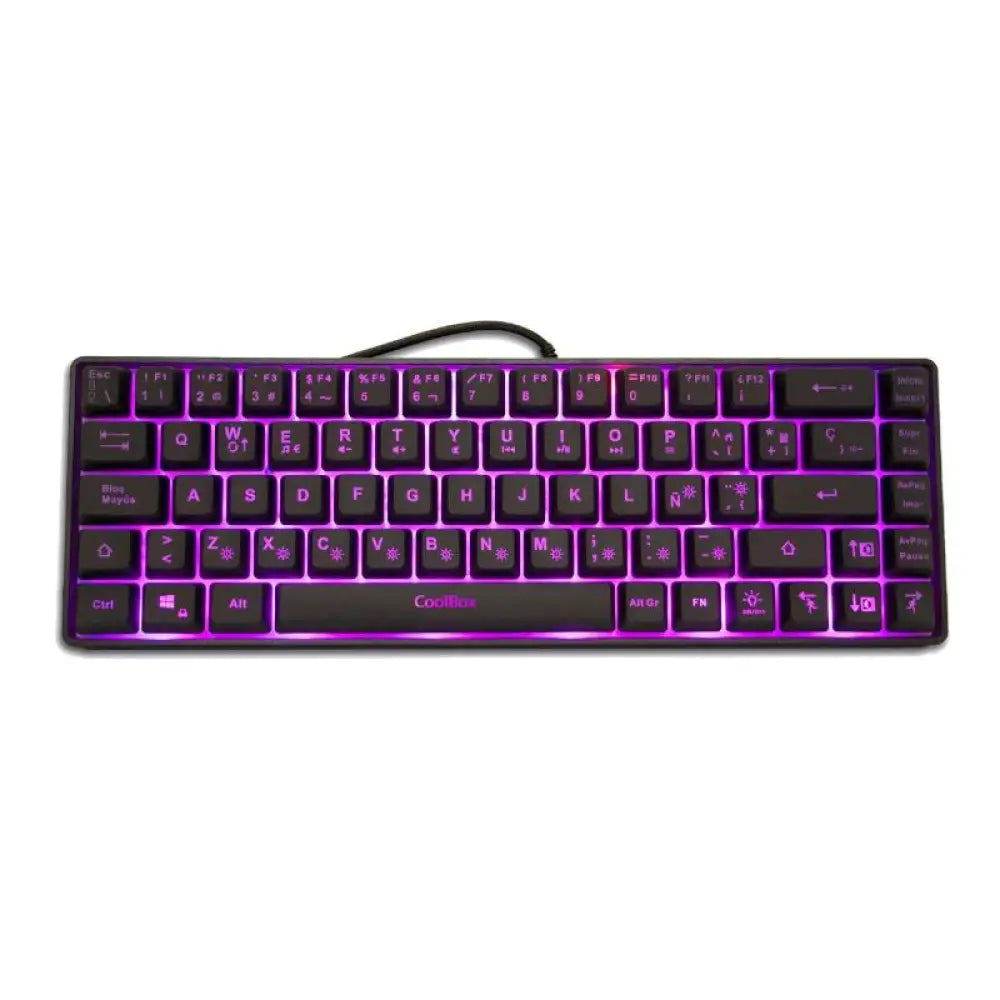 Teclado USB Coolbox Gaming KEY65 RGB con iluminación retroiluminada en colores, diseño compacto y teclas mecánicas.