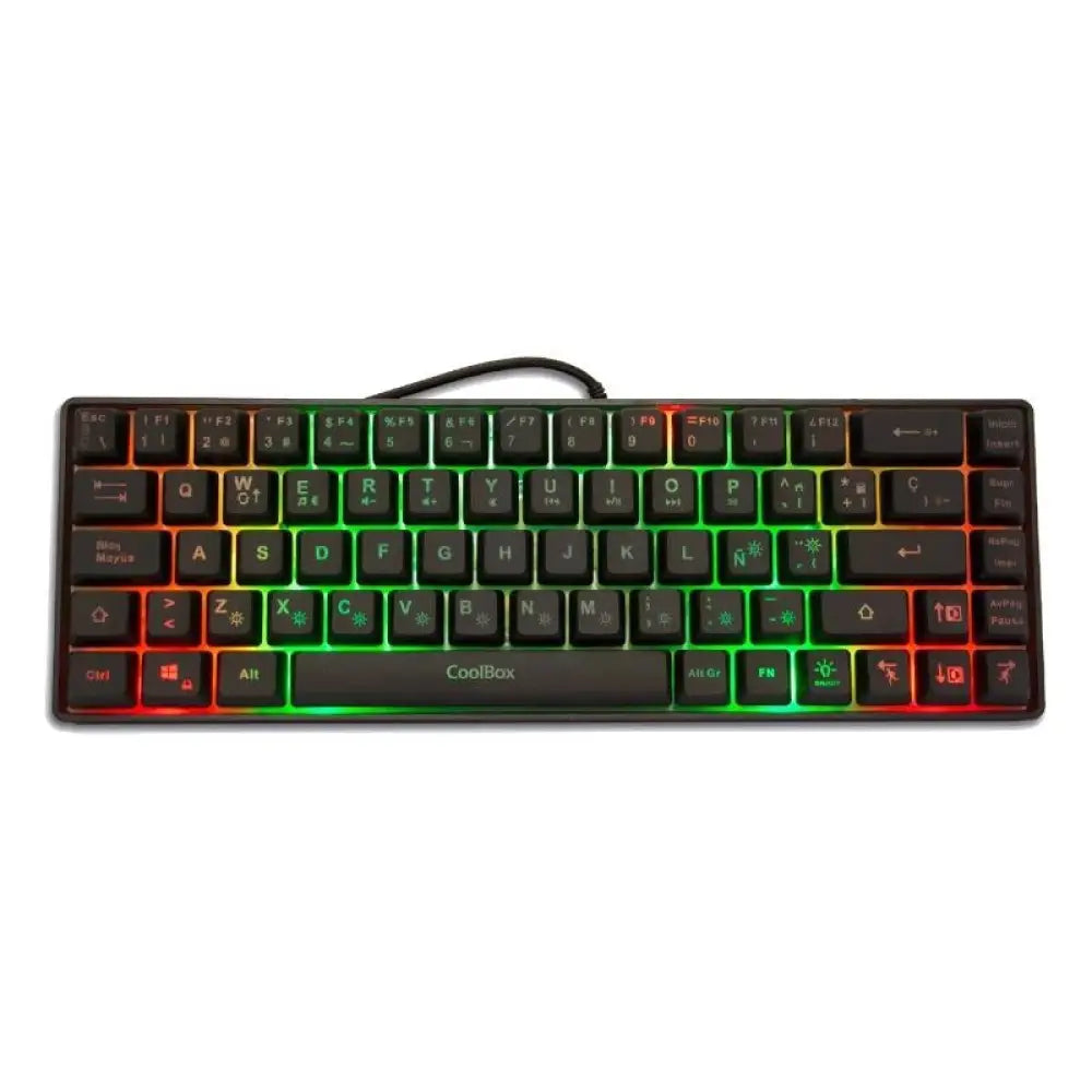 Teclado USB Coolbox Gaming KEY65 RGB con iluminación en colores, diseño compacto y teclas mecánicas para gaming.